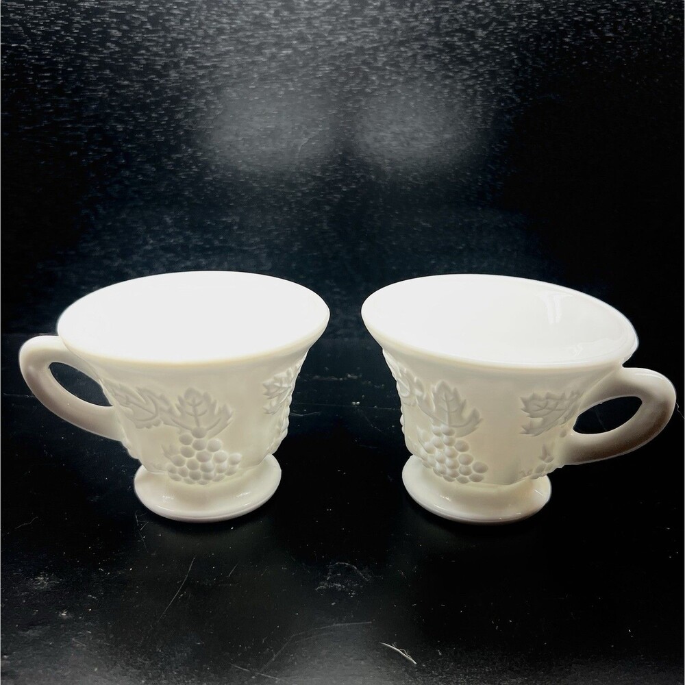 Set of 2 Indiana Glass Harvest Grape Milk Glass Footed Punch Tea Coffee Cups
